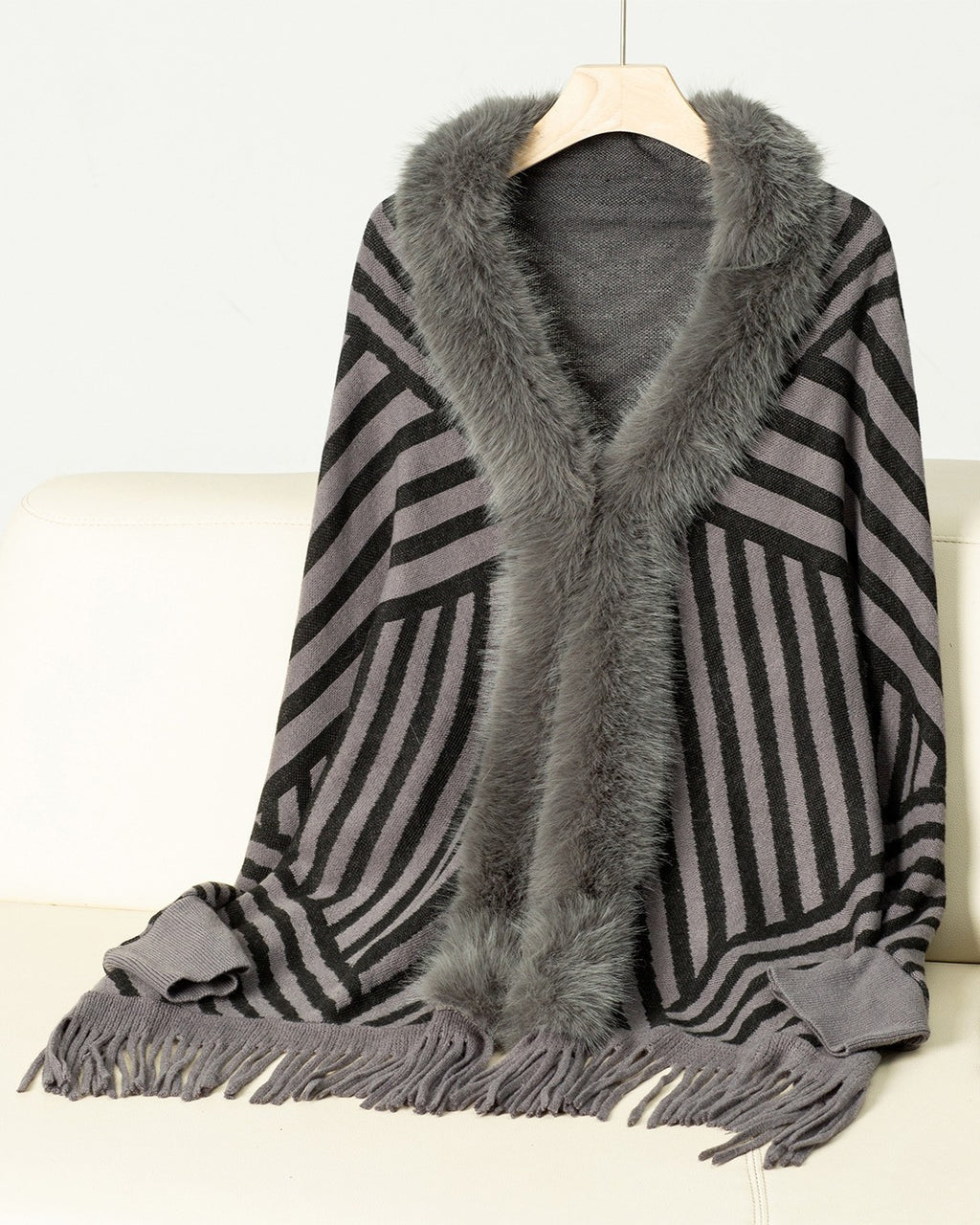 Diagonal Stripe Fringe Poncho With Faux Fur Trim - Grey