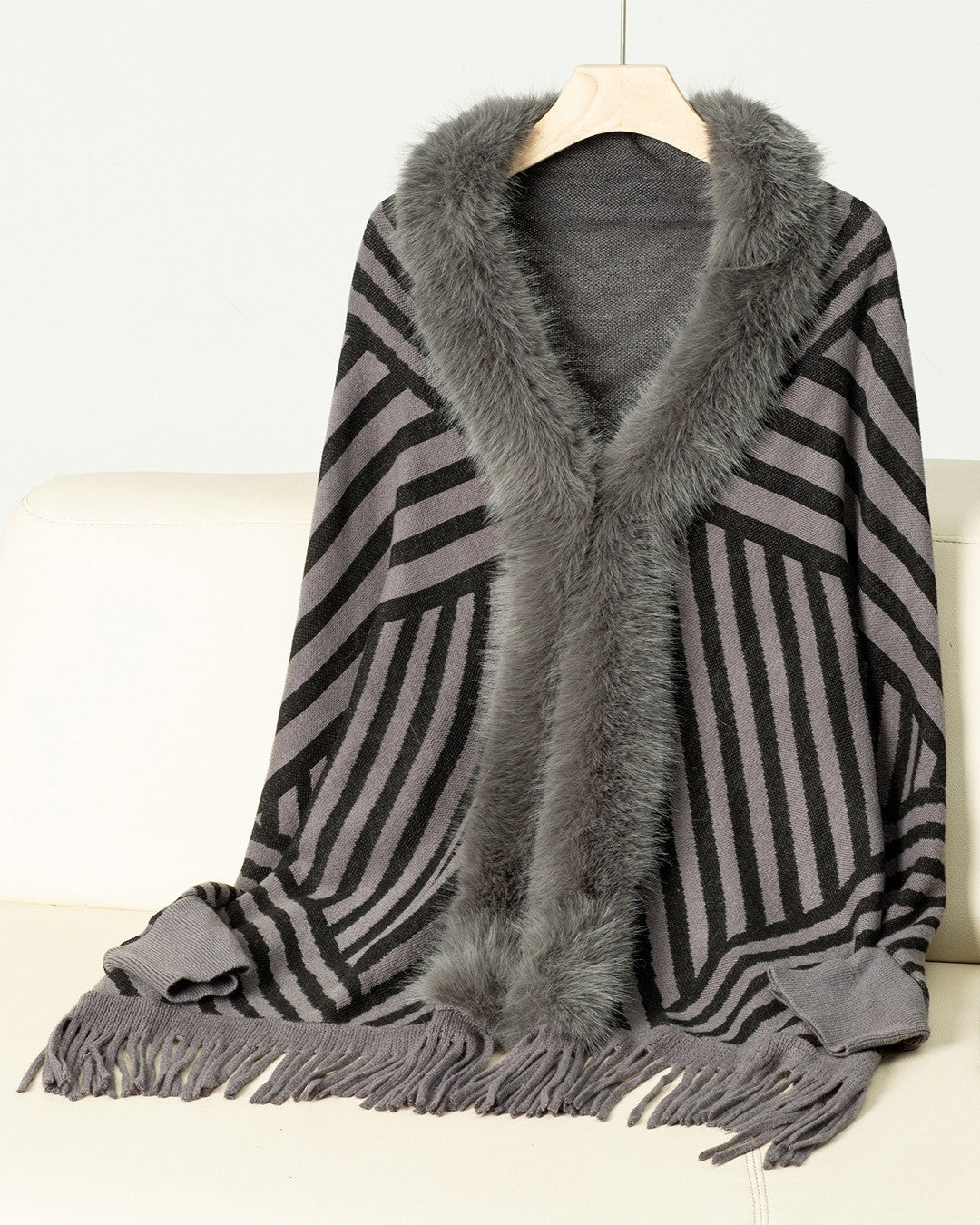 Diagonal Stripe Fringe Poncho With Faux Fur Trim - Grey