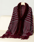 Diagonal Stripe Fringe Poncho With Faux Fur Trim - Wine_Red