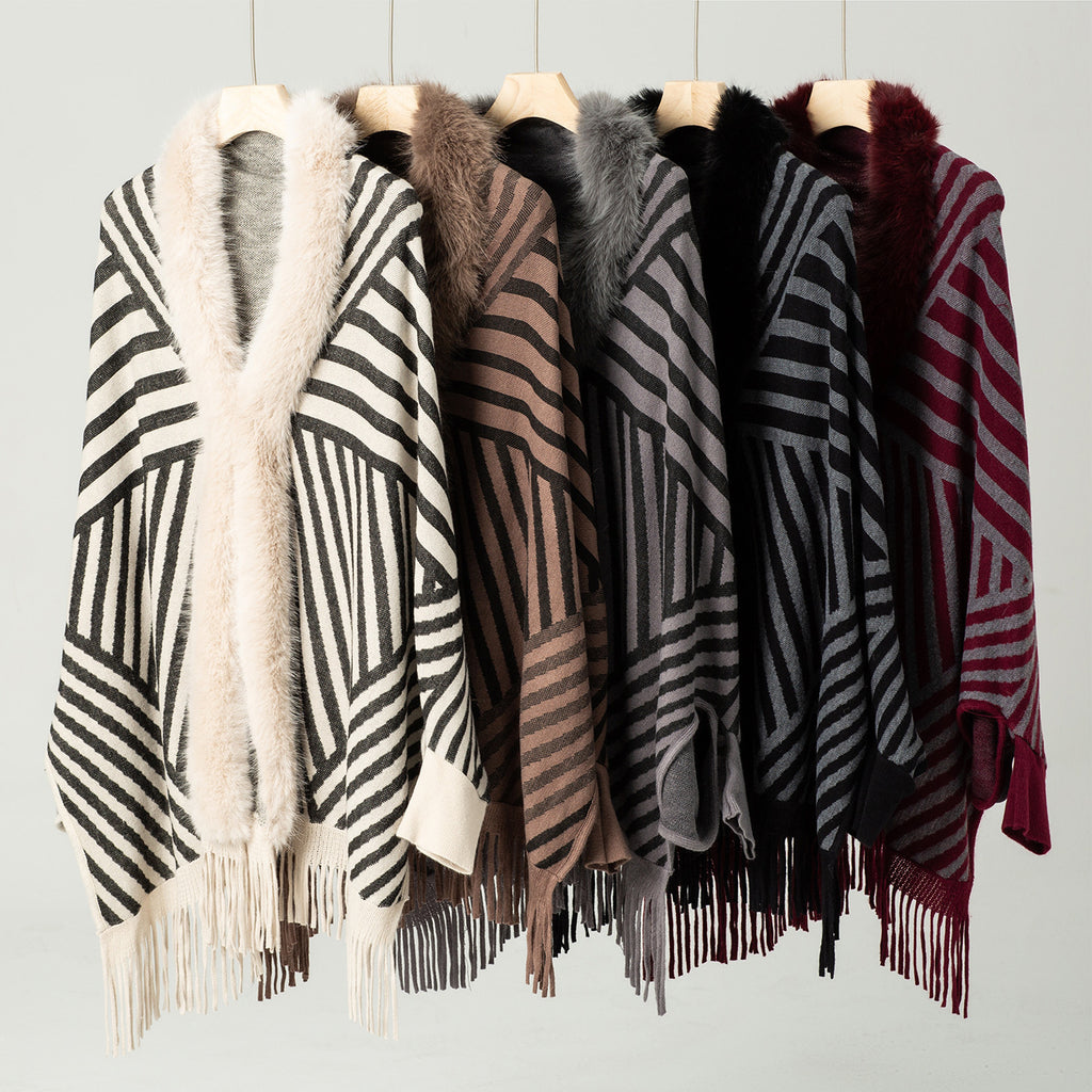 Diagonal Stripe Fringe Poncho With Faux Fur Trim