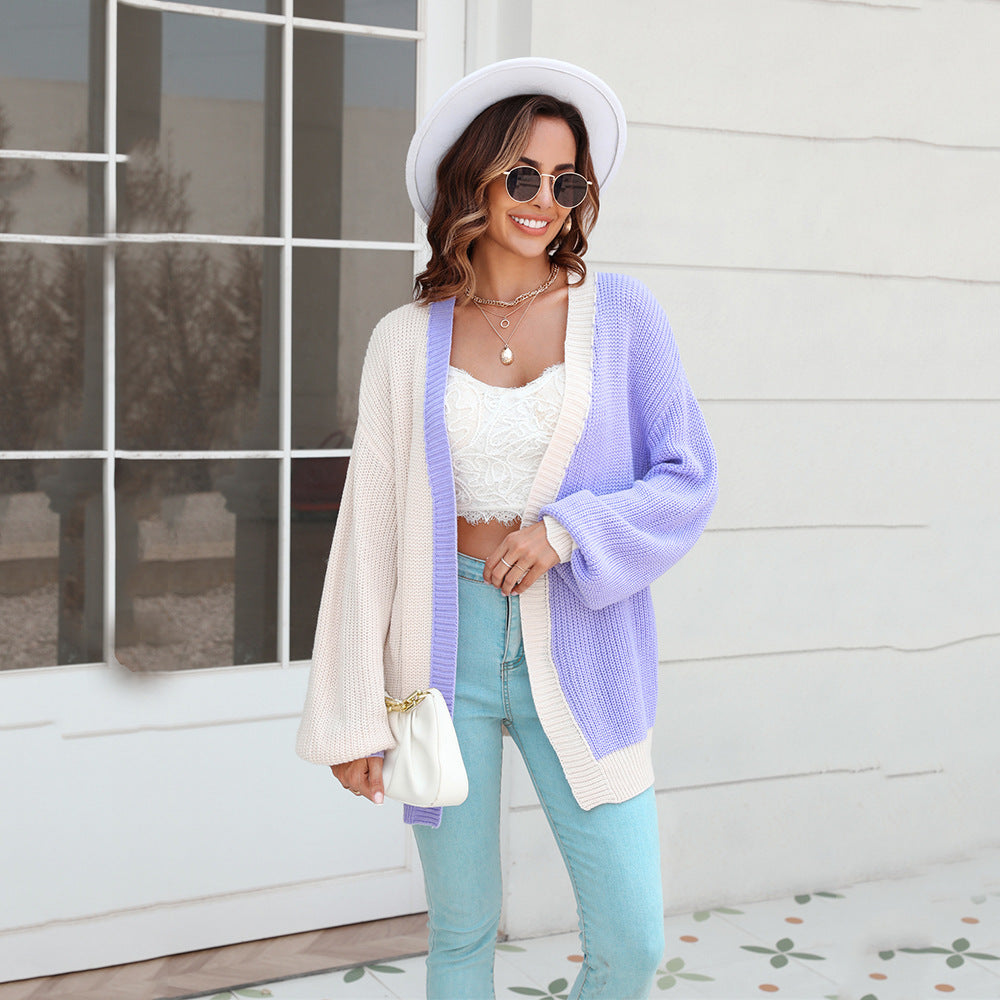 Color Block Trim Oversized Open Cardigan - purple