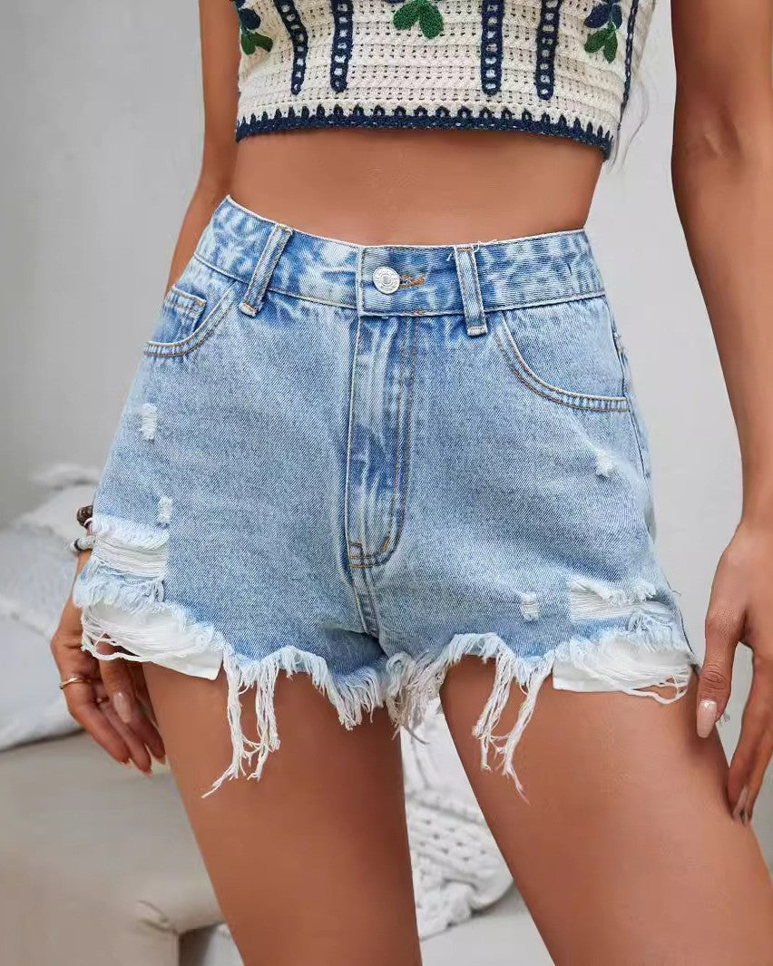 Distressed Frayed Hem Denim Shorts - Blue