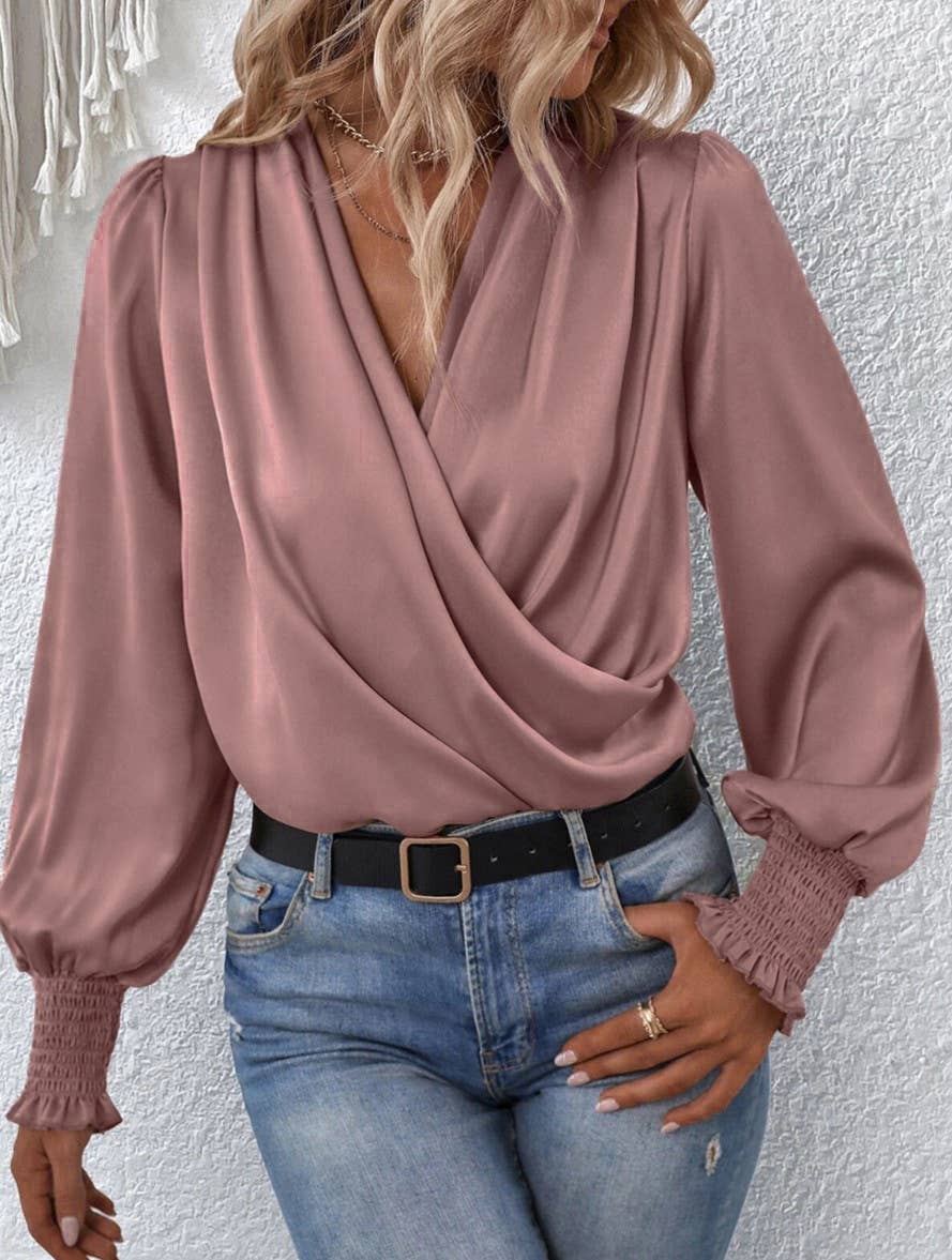 Draped Wrap Front Blouse With Shirred Cuffs