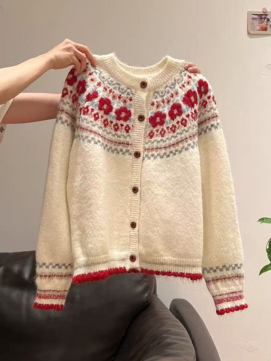 Fair Isle Jacquard Button Up Knit Cardigan - Apricot