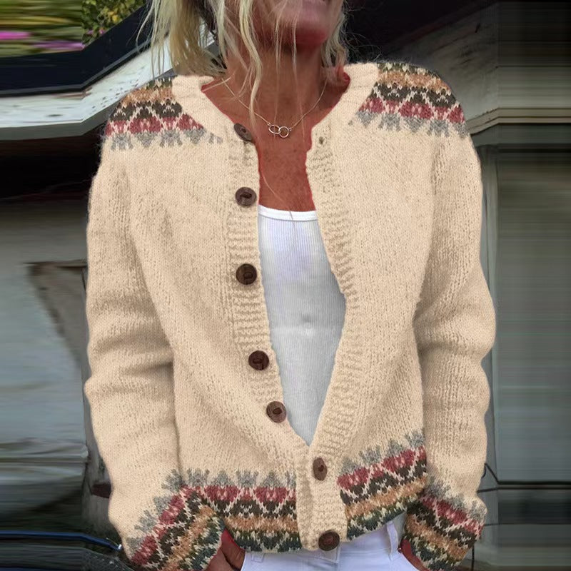 Fair Isle Jacquard Button Up Knit Cardigan - Beige