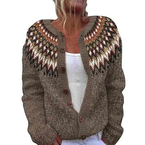 Fair Isle Jacquard Button Up Knit Cardigan - Brown