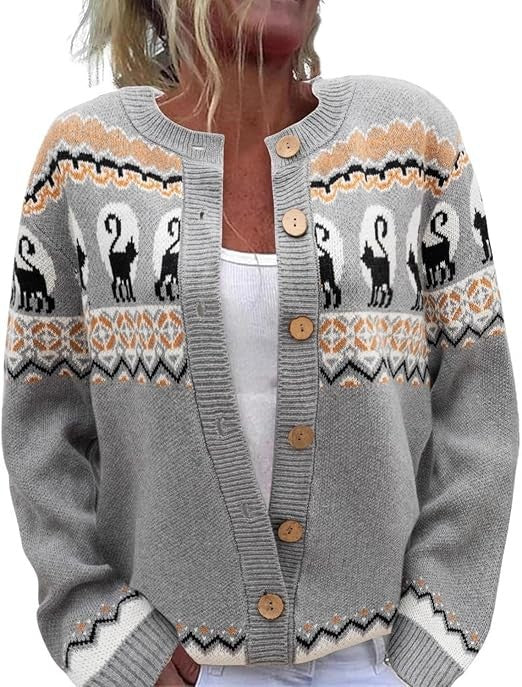 Fair Isle Jacquard Button Up Knit Cardigan - Cat_H