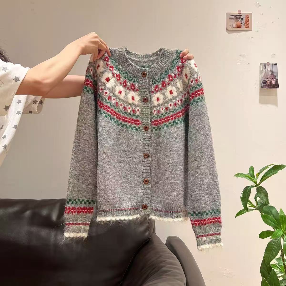 Fair Isle Jacquard Button Up Knit Cardigan - Gray