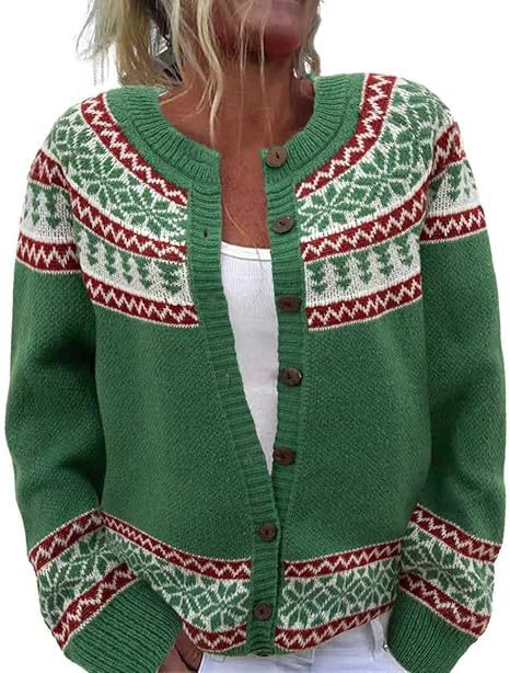 Fair Isle Jacquard Button Up Knit Cardigan - Green