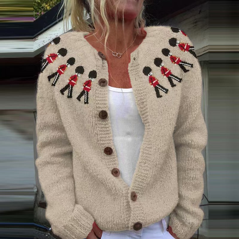 Fair Isle Jacquard Button Up Knit Cardigan - Khaki_C
