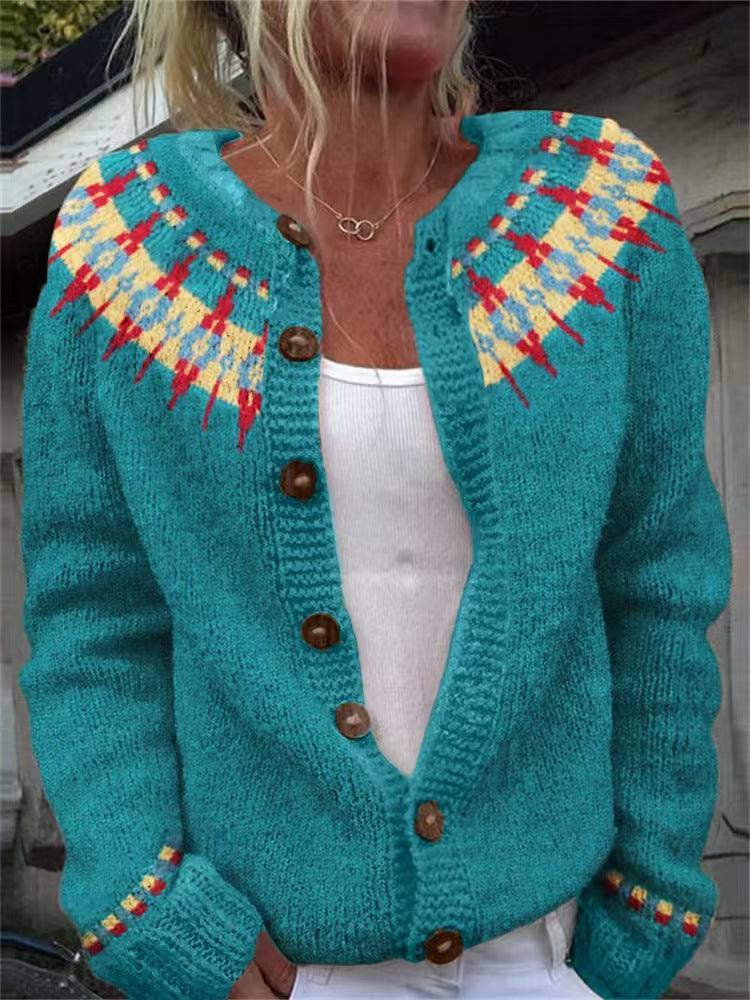 Fair Isle Jacquard Button Up Knit Cardigan - LakeBlue