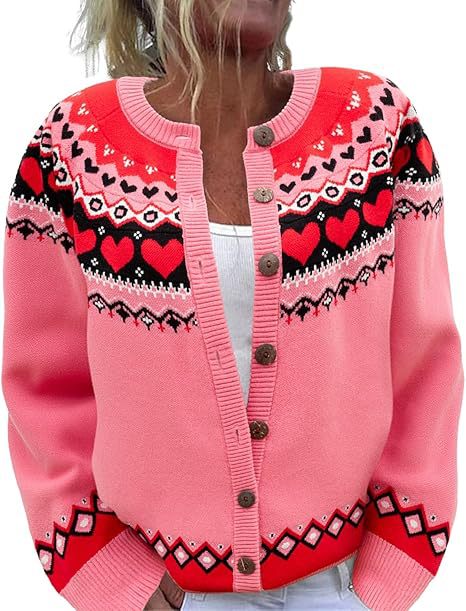Fair Isle Jacquard Button Up Knit Cardigan - Peach