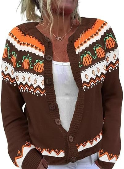Fair Isle Jacquard Button Up Knit Cardigan - Pumpkin_H