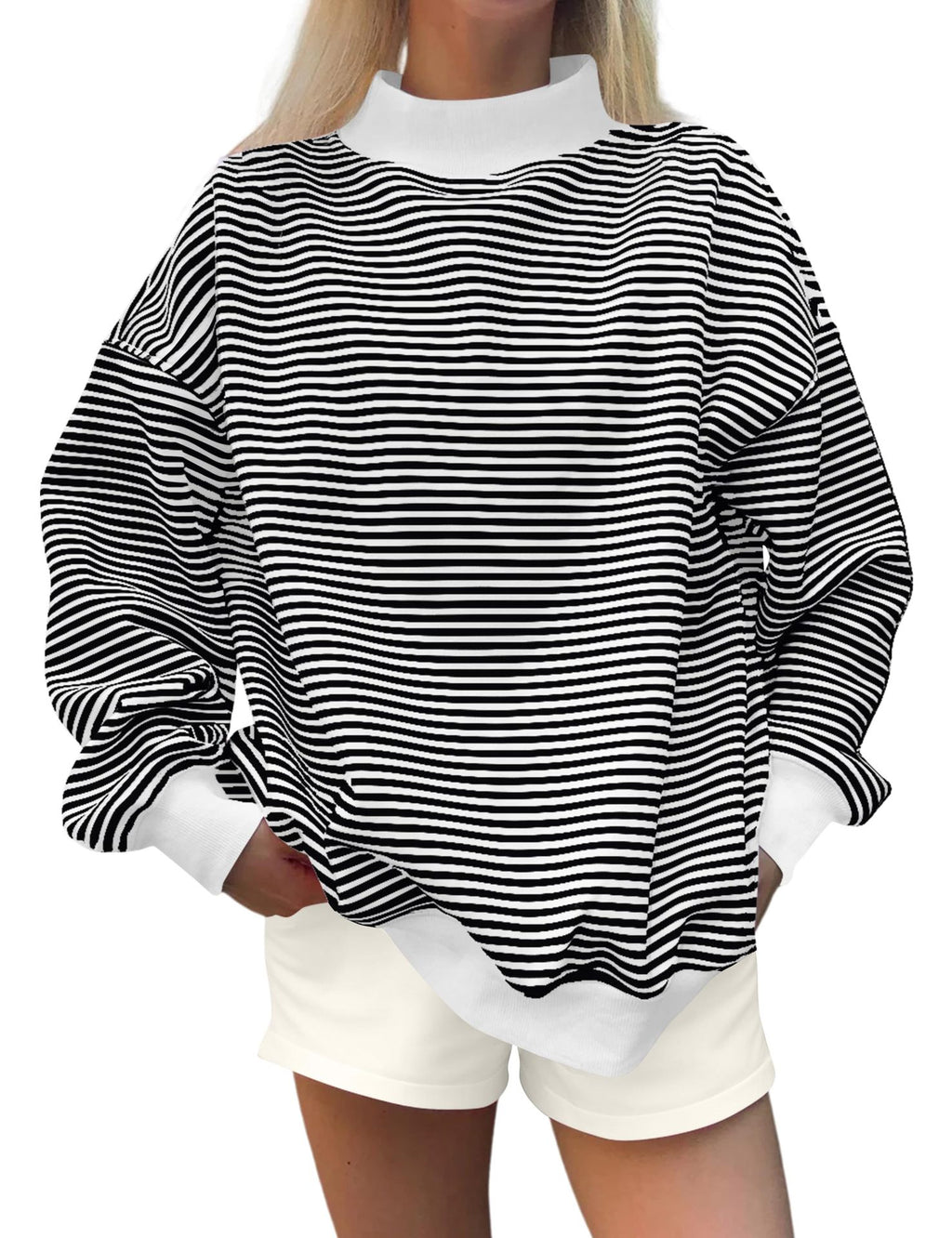 Fine Stripe Mock Neck Drop Shoulder Pullover - Black