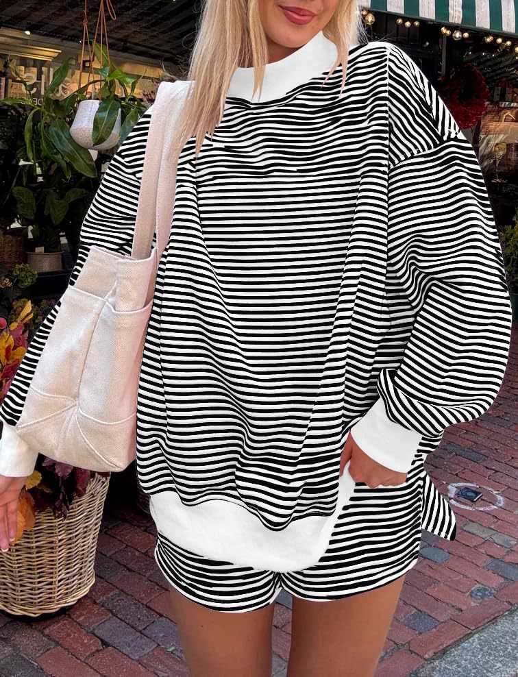 Fine Stripe Mock Neck Drop Shoulder Pullover - Black - 1