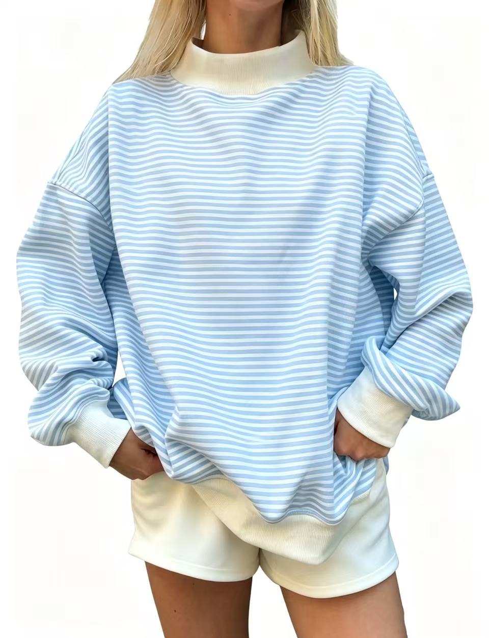 Fine Stripe Mock Neck Drop Shoulder Pullover - Blue