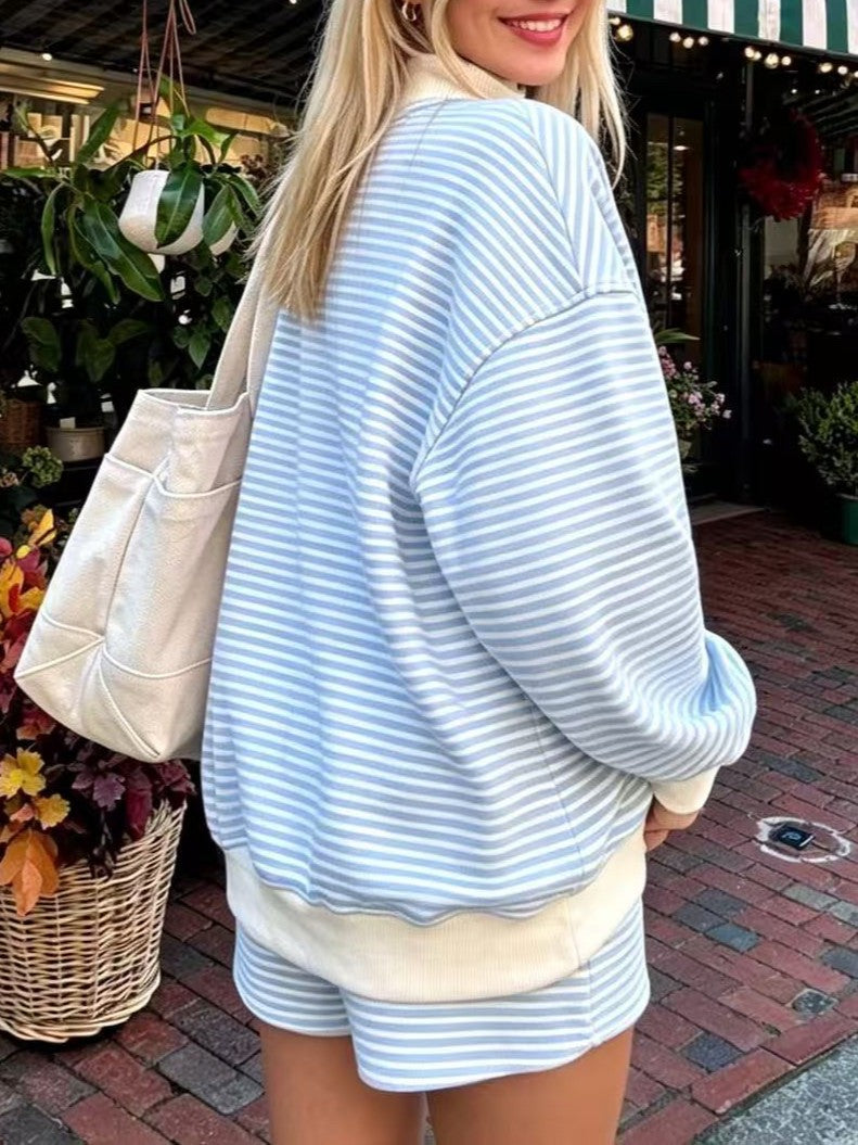 Fine Stripe Mock Neck Drop Shoulder Pullover - Blue - 1