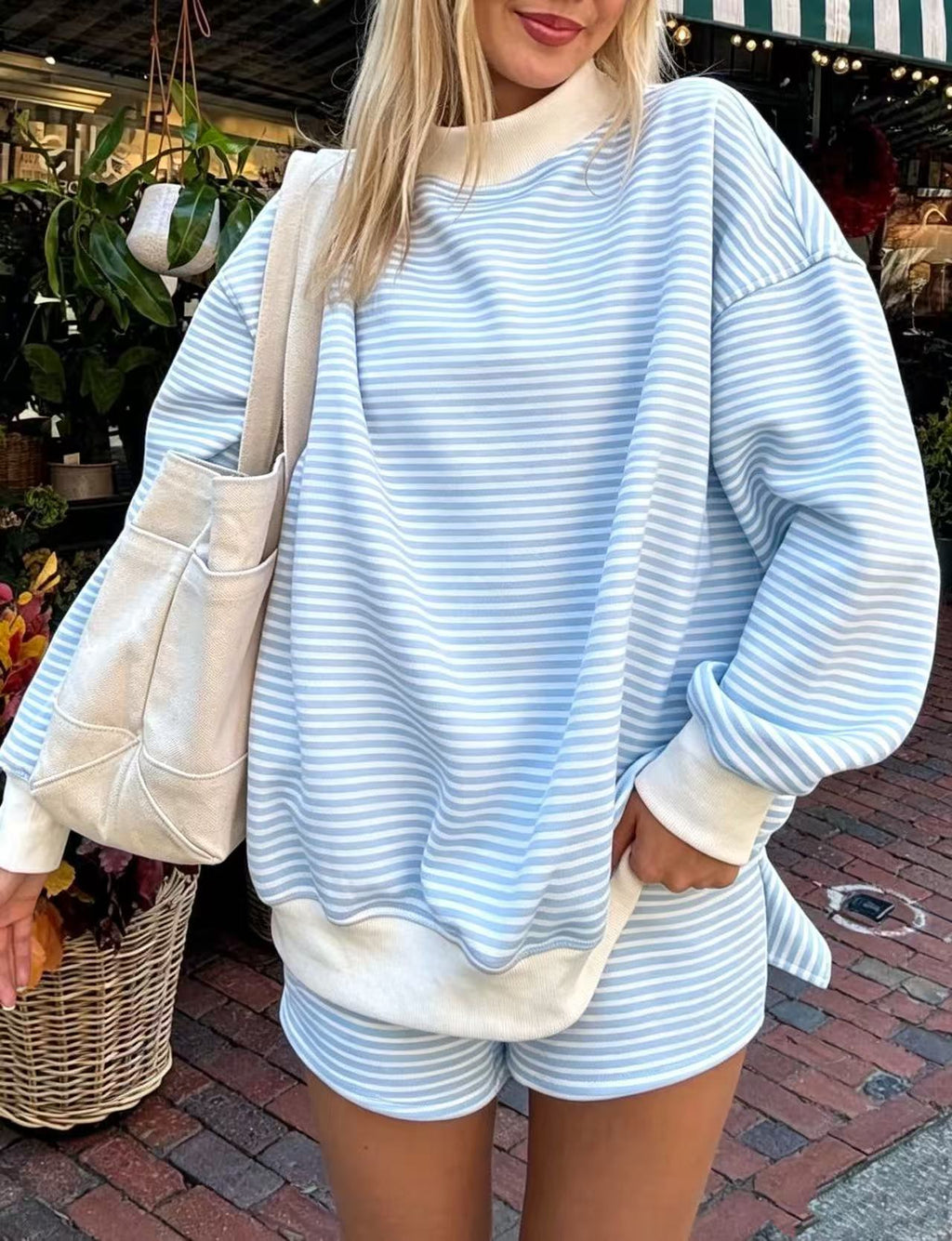 Fine Stripe Mock Neck Drop Shoulder Pullover - Blue - 2