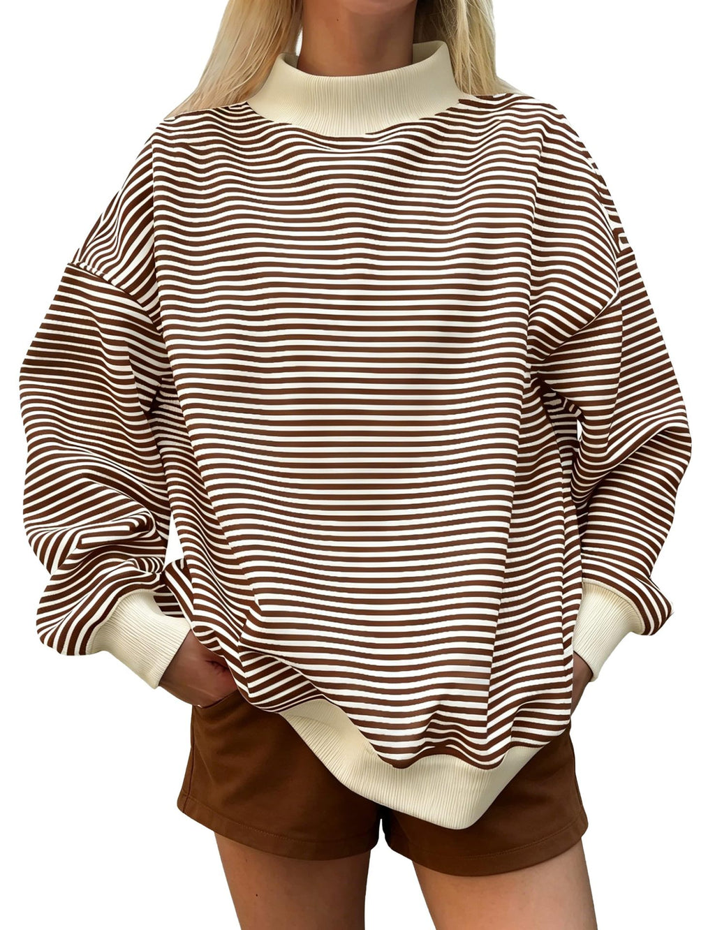 Fine Stripe Mock Neck Drop Shoulder Pullover - Brown