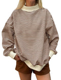 Fine Stripe Mock Neck Drop Shoulder Pullover - Brown