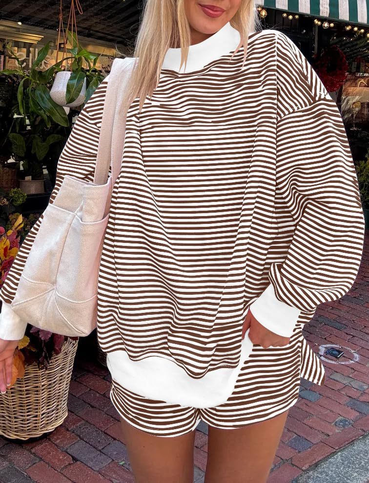 Fine Stripe Mock Neck Drop Shoulder Pullover - Brown - 1