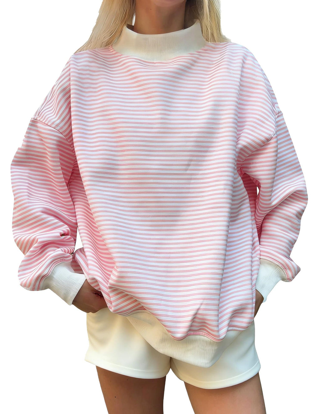 Fine Stripe Mock Neck Drop Shoulder Pullover - Pink