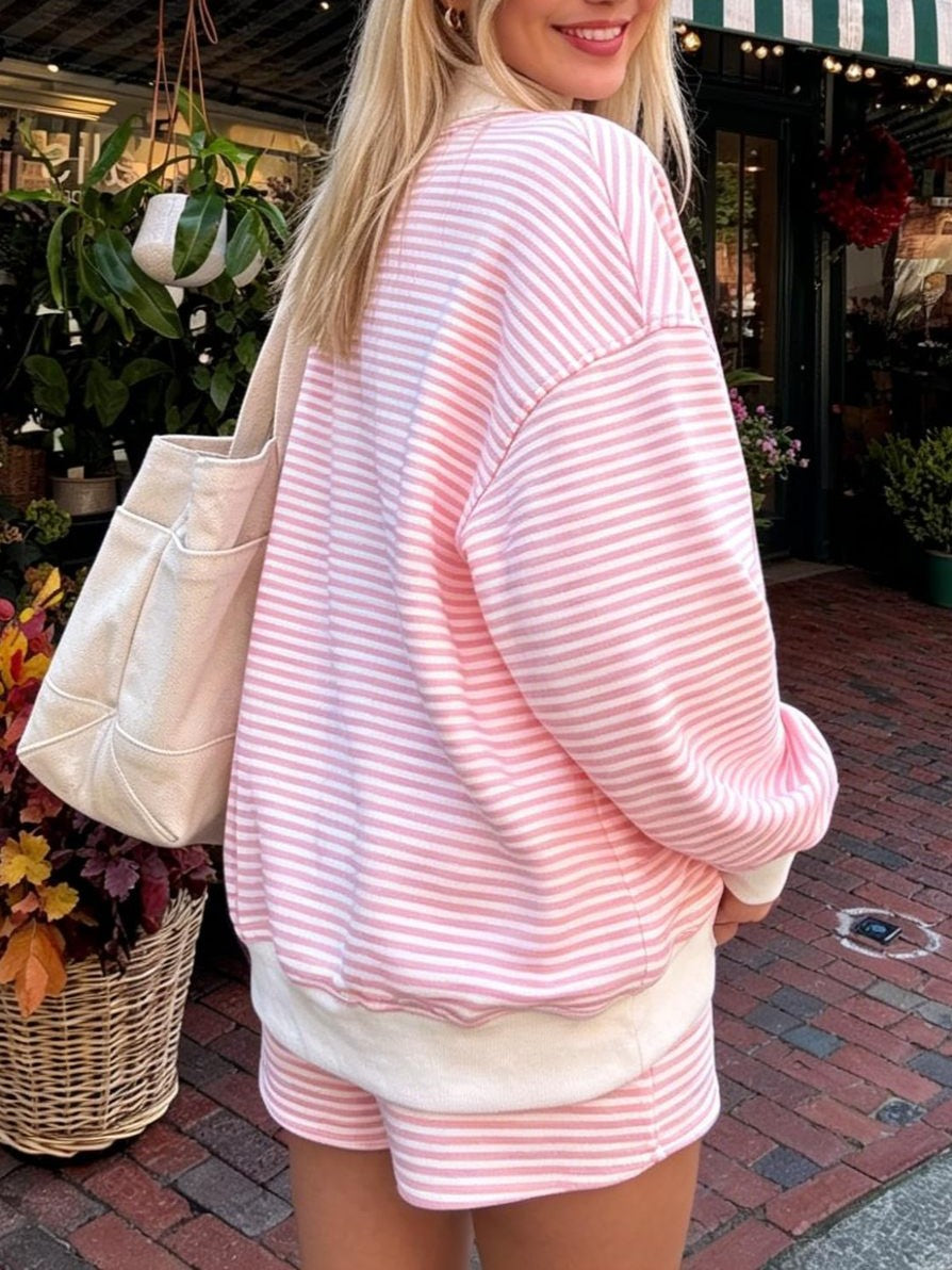 Fine Stripe Mock Neck Drop Shoulder Pullover - Pink - 1