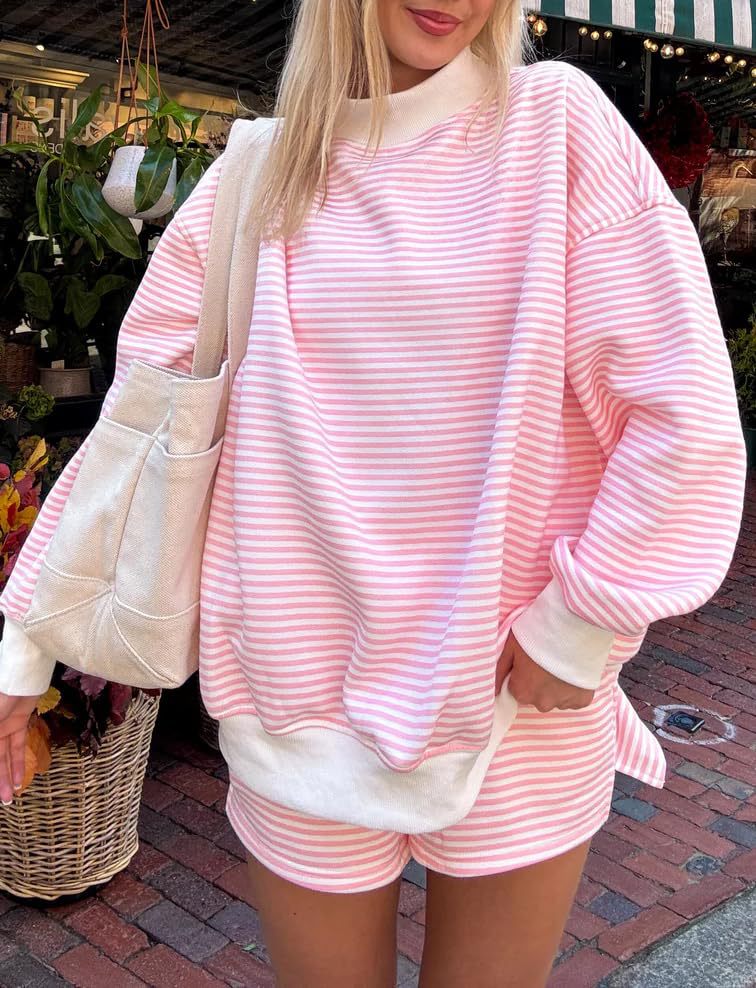 Fine Stripe Mock Neck Drop Shoulder Pullover - Pink - 2