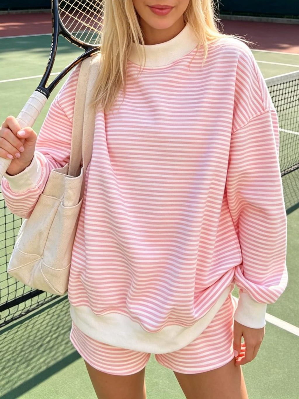 Fine Stripe Mock Neck Drop Shoulder Pullover - Pink - 3