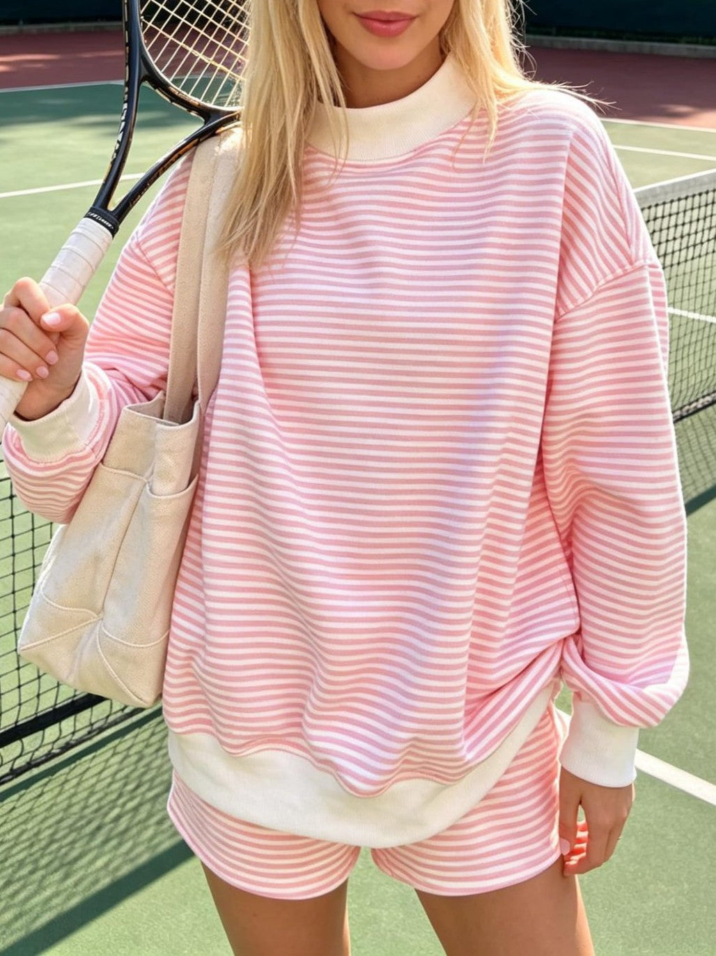 Fine Stripe Mock Neck Drop Shoulder Pullover - Pink - 3