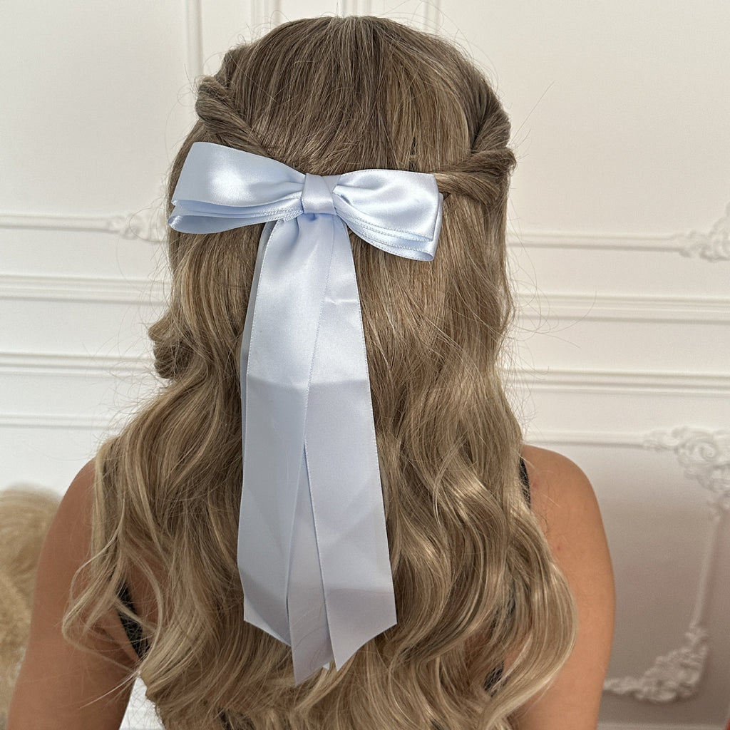 Double Layer Satin Bow Hair Clip With Tails - gray