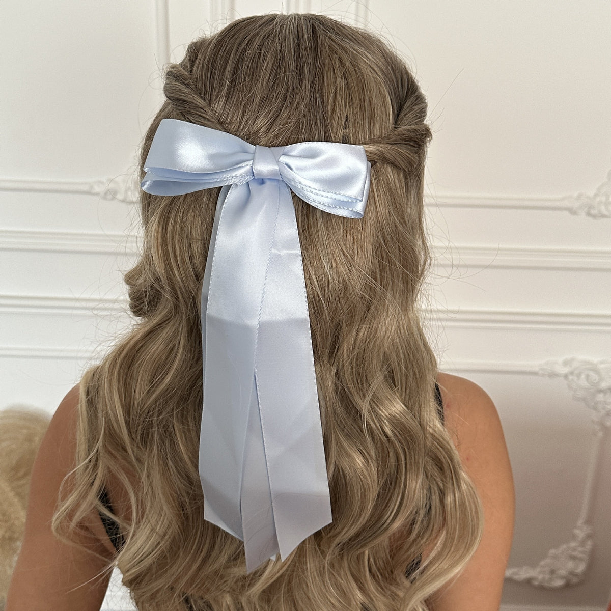 Double Layer Satin Bow Hair Clip With Tails - gray