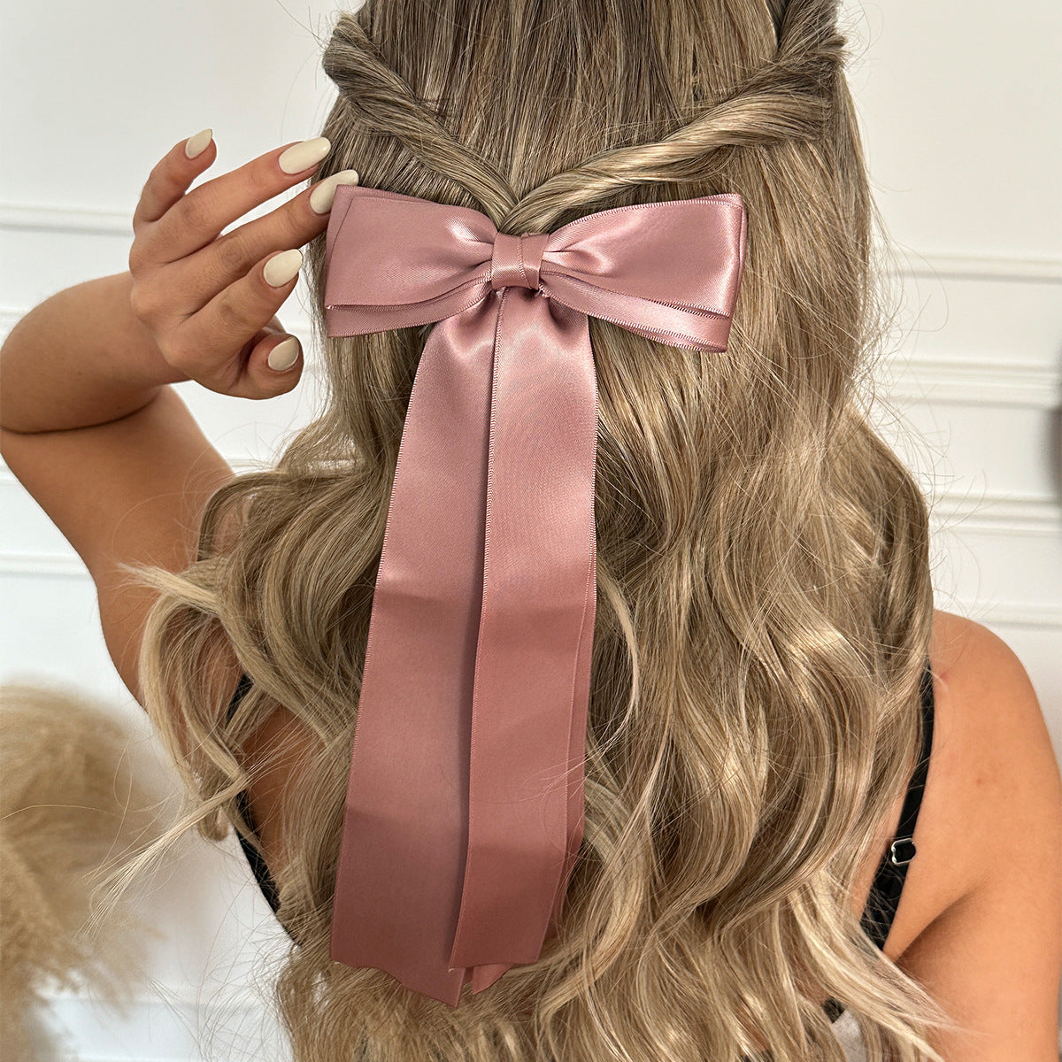 Double Layer Satin Bow Hair Clip With Tails - pink