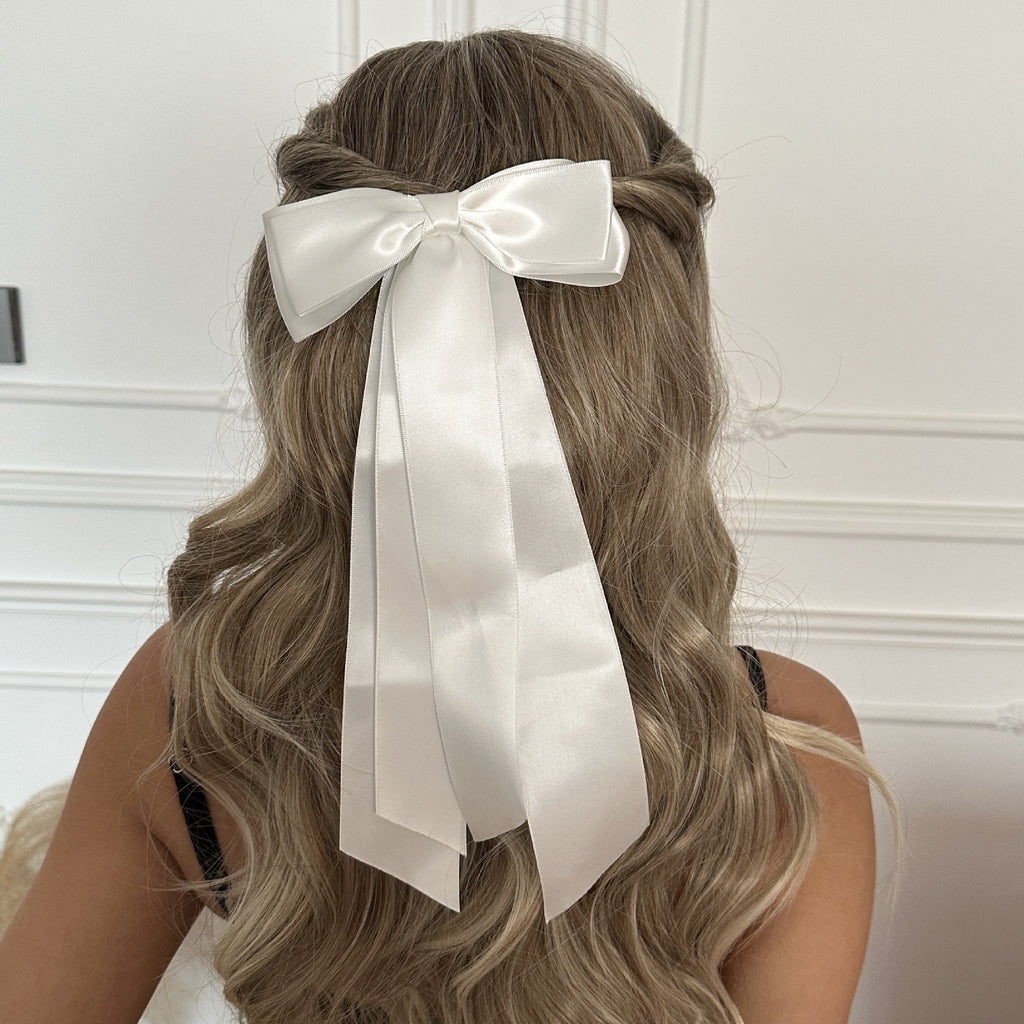 Double Layer Satin Bow Hair Clip With Tails - white
