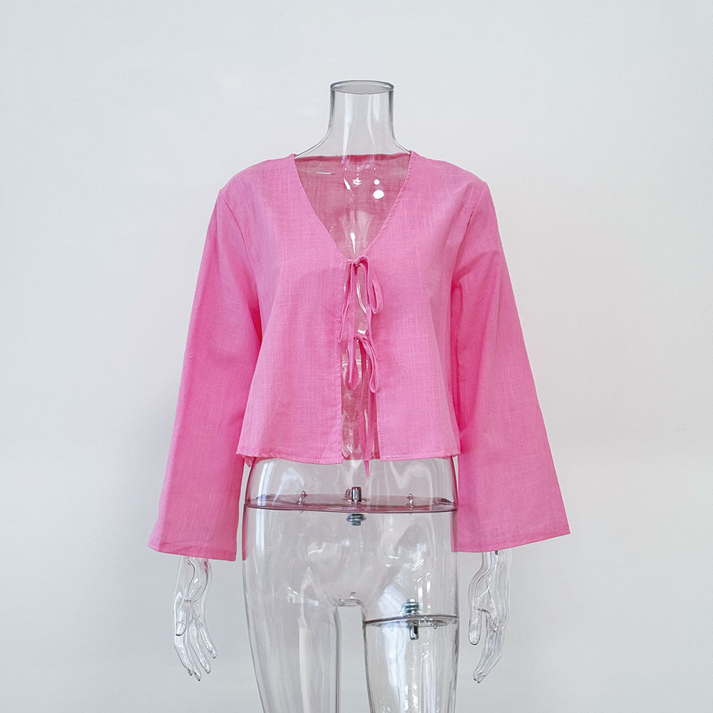 Tie Front Flared Sleeve Cropped Blouse - Pink