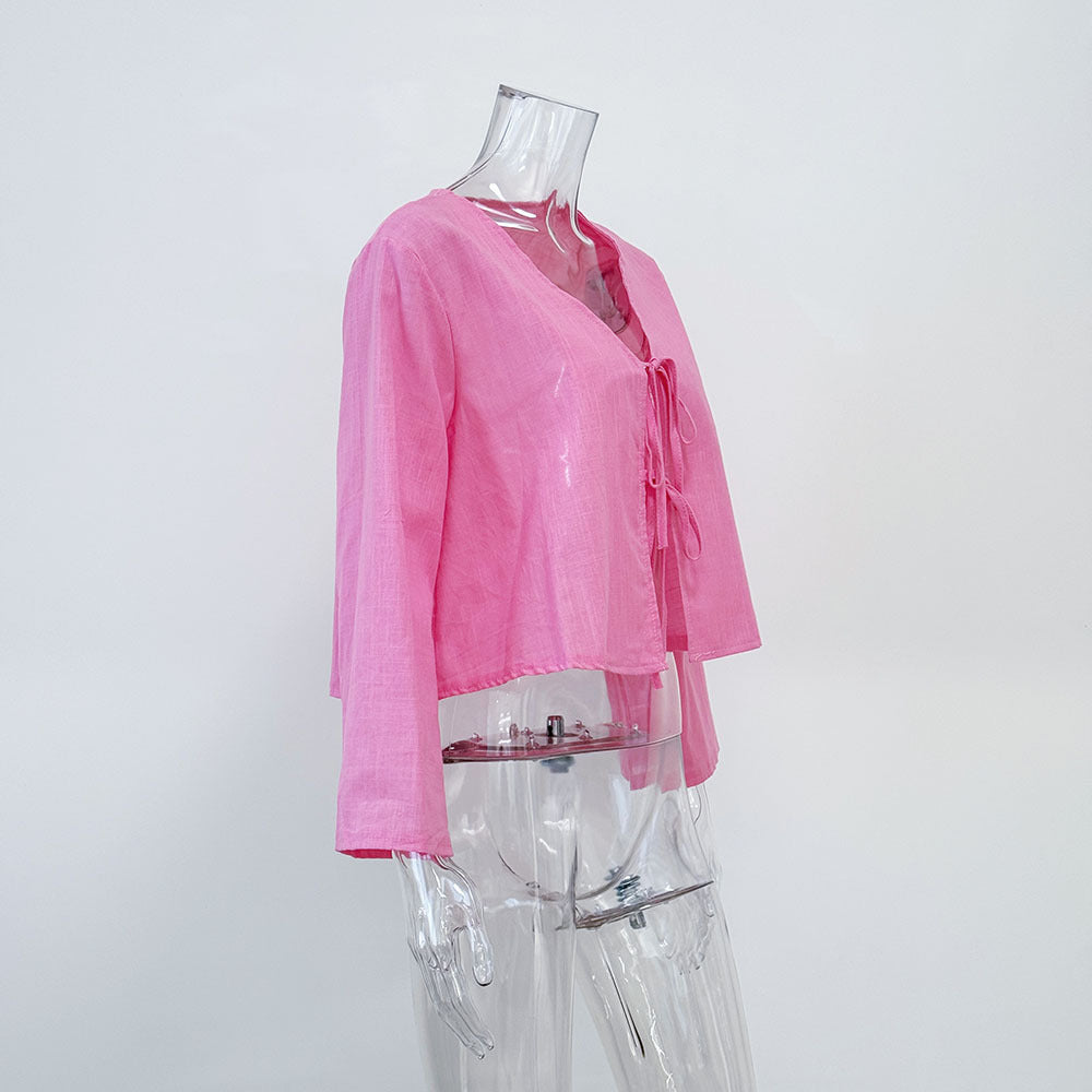 Tie Front Flared Sleeve Cropped Blouse - Pink - 2