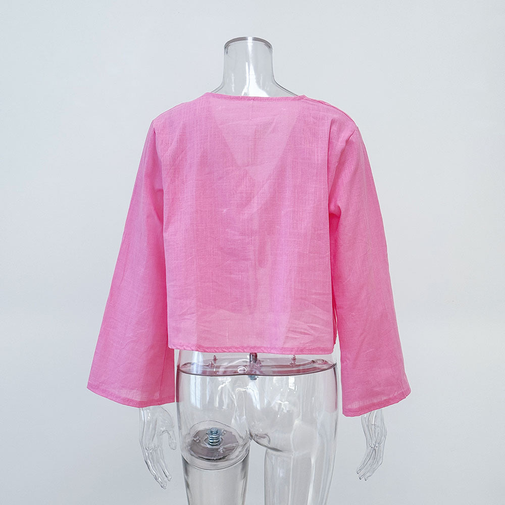 Tie Front Flared Sleeve Cropped Blouse - Pink - 3