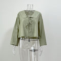 Tie Front Flared Sleeve Cropped Blouse - green
