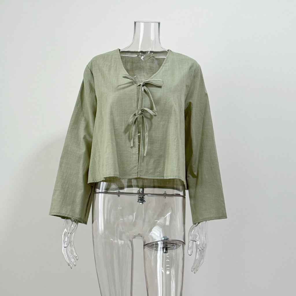 Tie Front Flared Sleeve Cropped Blouse - green - 1