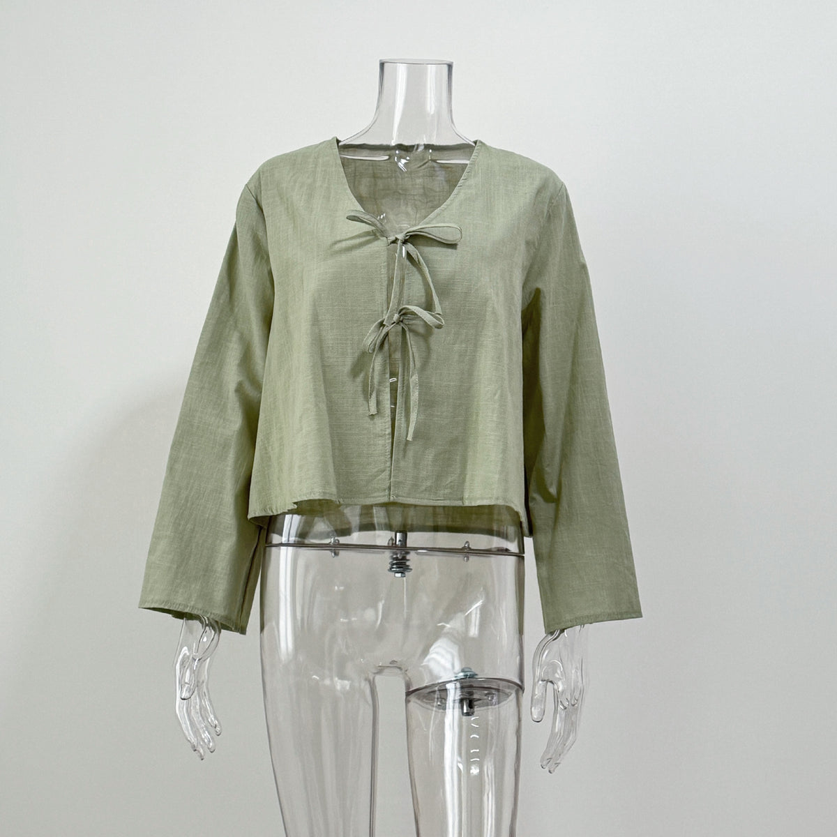 Tie Front Flared Sleeve Cropped Blouse - green - 1