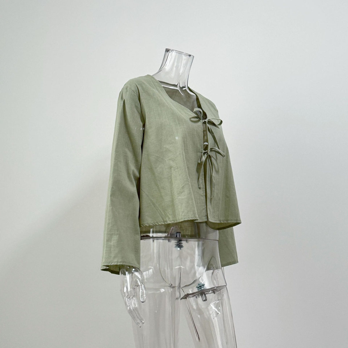 Tie Front Flared Sleeve Cropped Blouse - green - 2