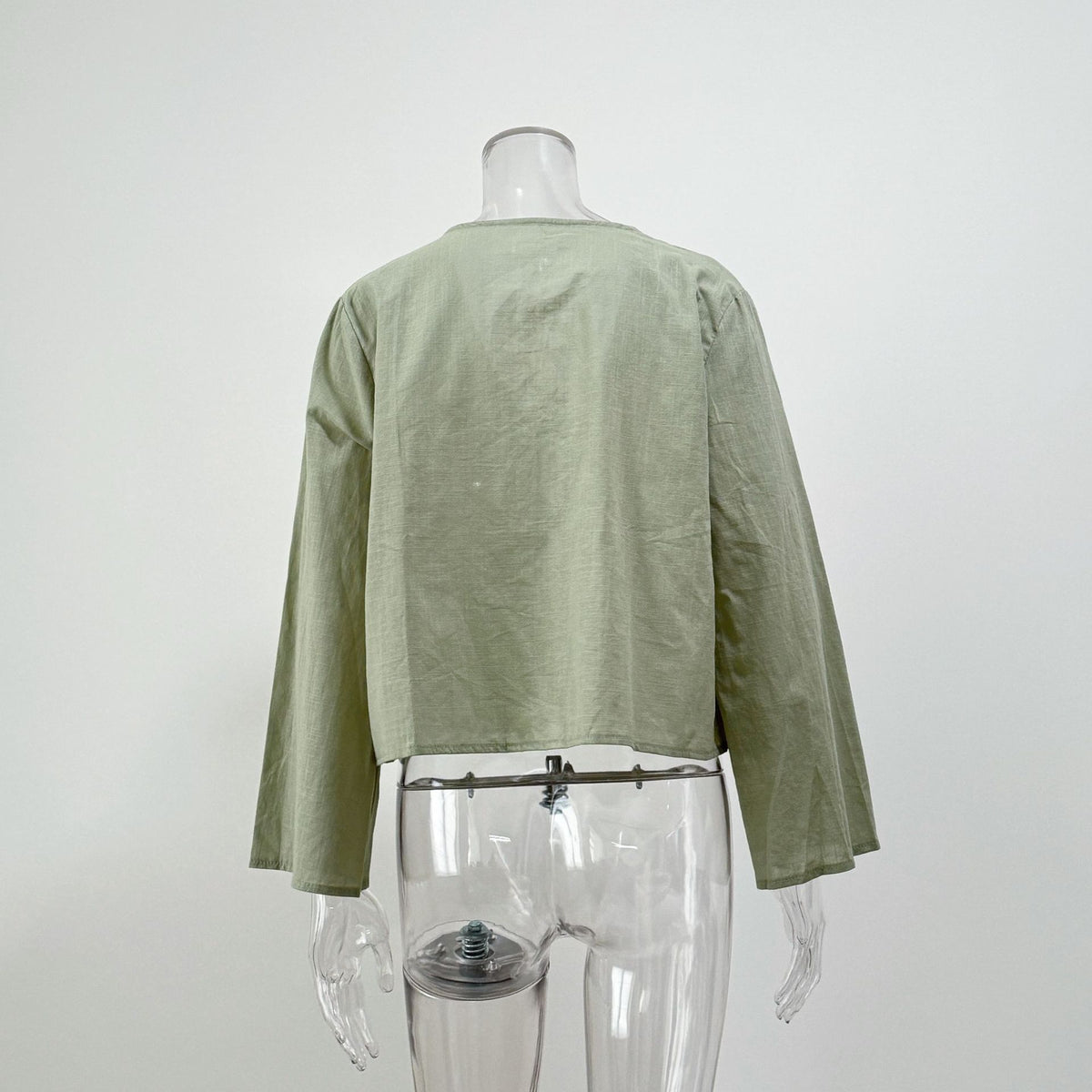 Tie Front Flared Sleeve Cropped Blouse - green - 3