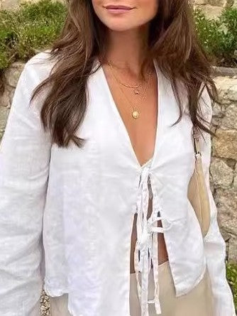 Tie Front Flared Sleeve Cropped Blouse - white