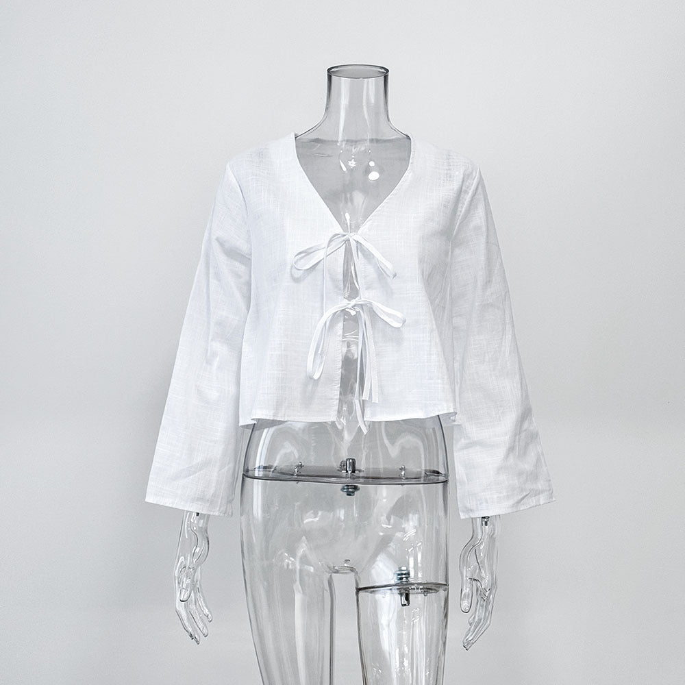 Tie Front Flared Sleeve Cropped Blouse - white - 1