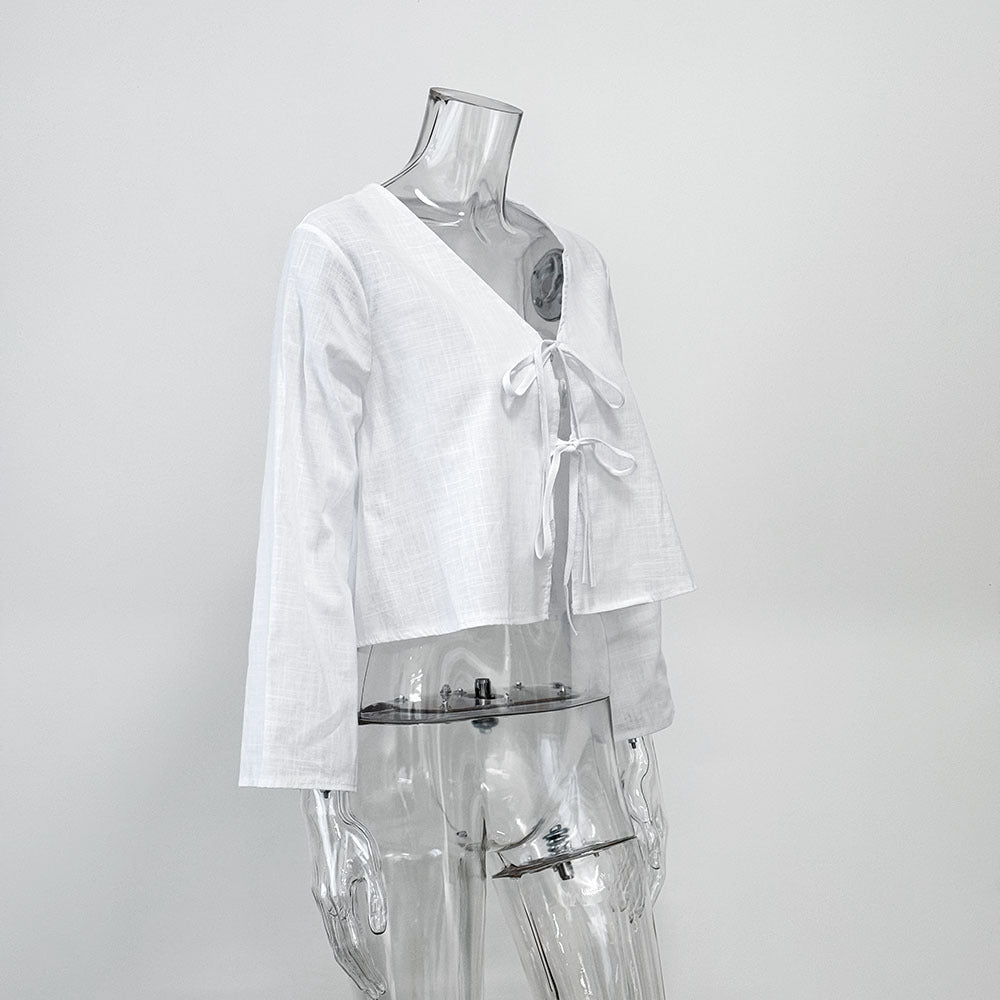 Tie Front Flared Sleeve Cropped Blouse - white - 11