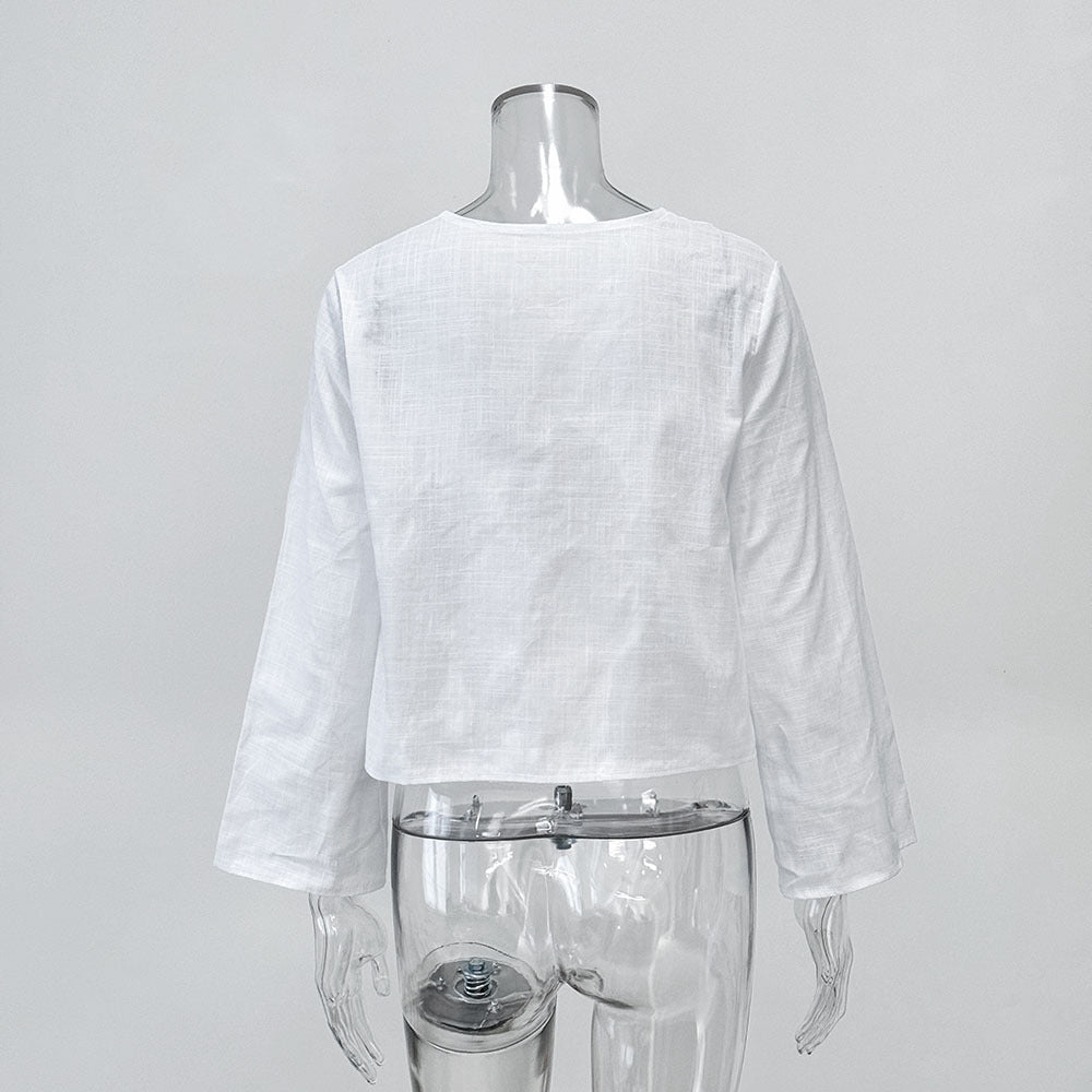 Tie Front Flared Sleeve Cropped Blouse - white - 12