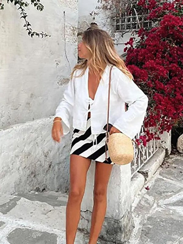 Tie Front Flared Sleeve Cropped Blouse - white - 14