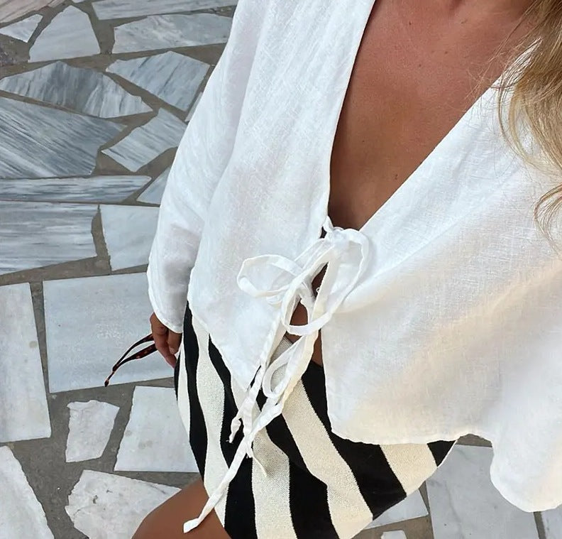 Tie Front Flared Sleeve Cropped Blouse - white - 15
