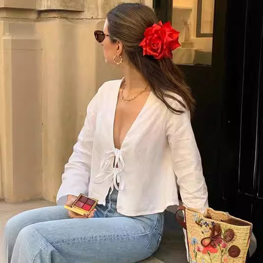 Tie Front Flared Sleeve Cropped Blouse - white - 16