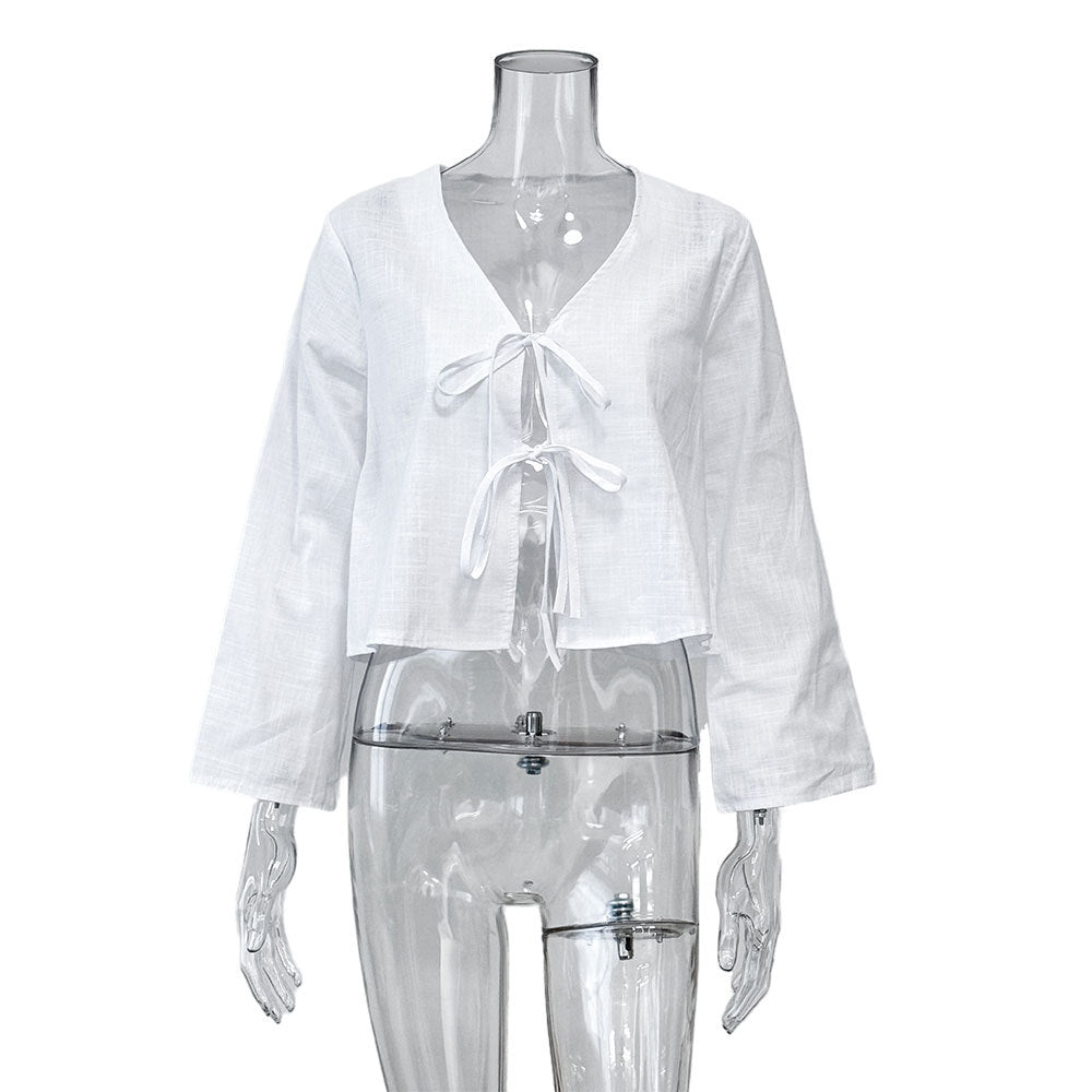 Tie Front Flared Sleeve Cropped Blouse - white - 2